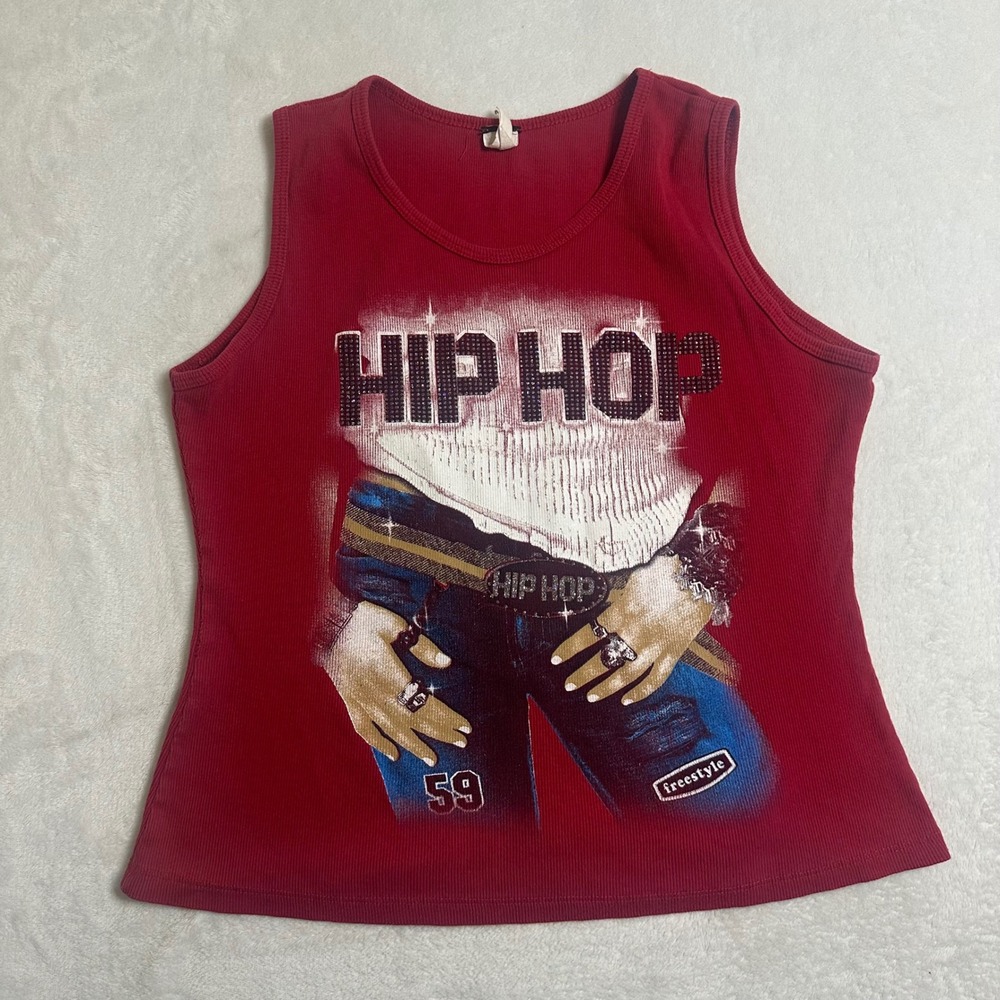 Vtg Y2K Red Ribbed Graphic Tank Top Hip Hop Freestyle 59 Bling Medium Streetwear